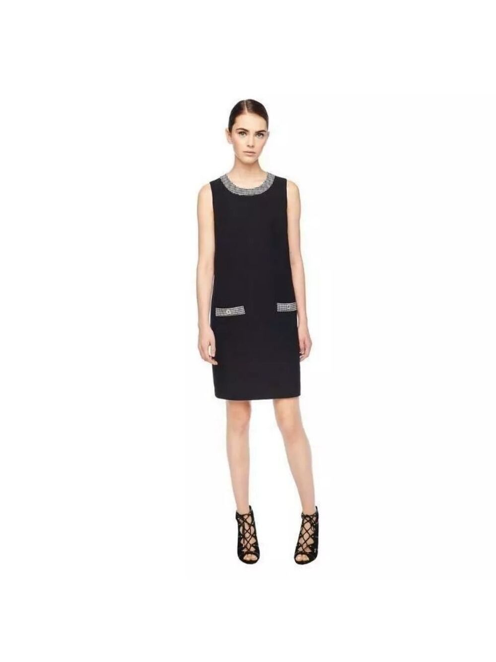 Karl Lagerfeld Black Houndstooth Trim Sleeveless Shift Dress